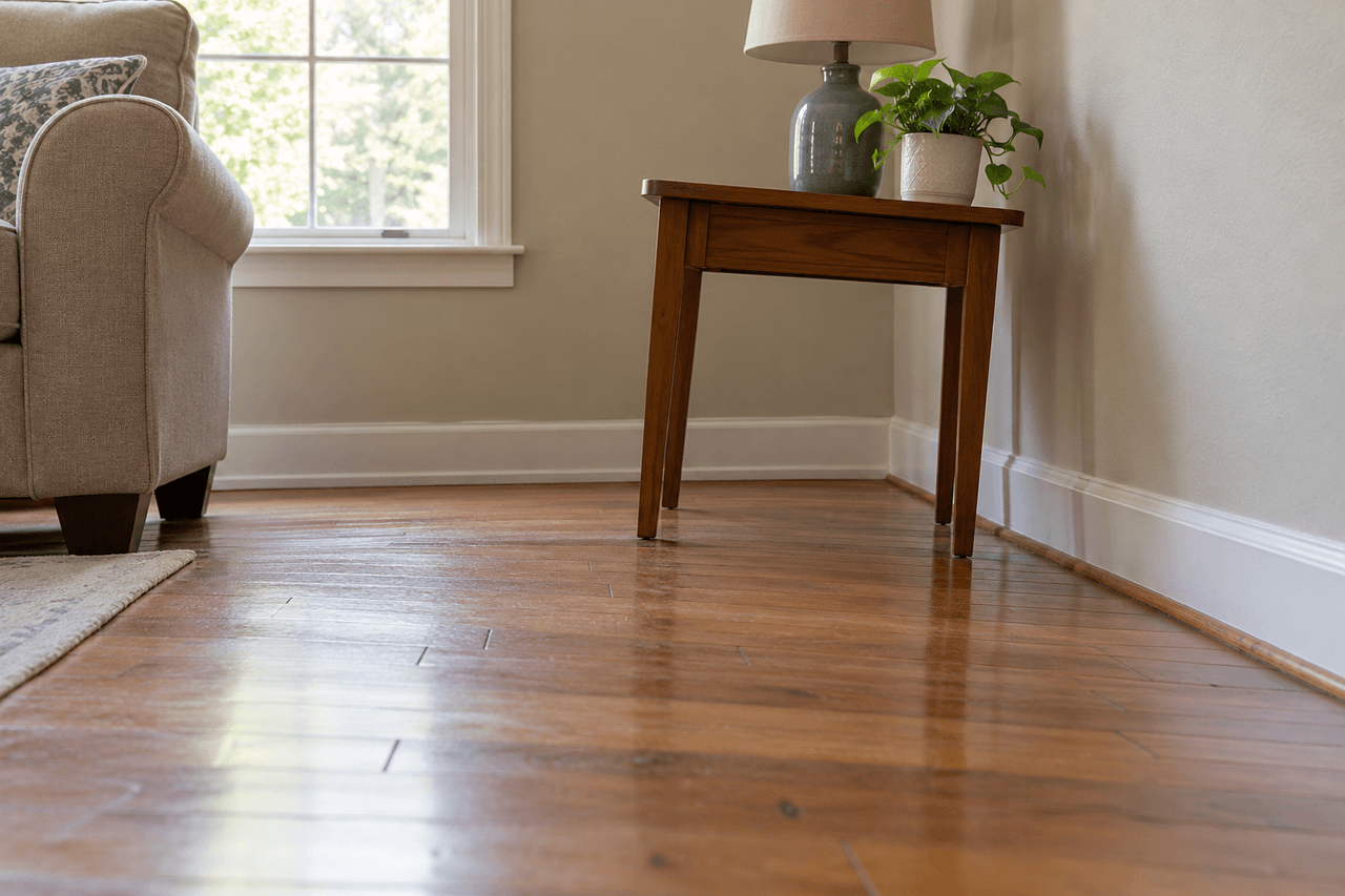 Sloping hardwood floor beneath a wooden side table